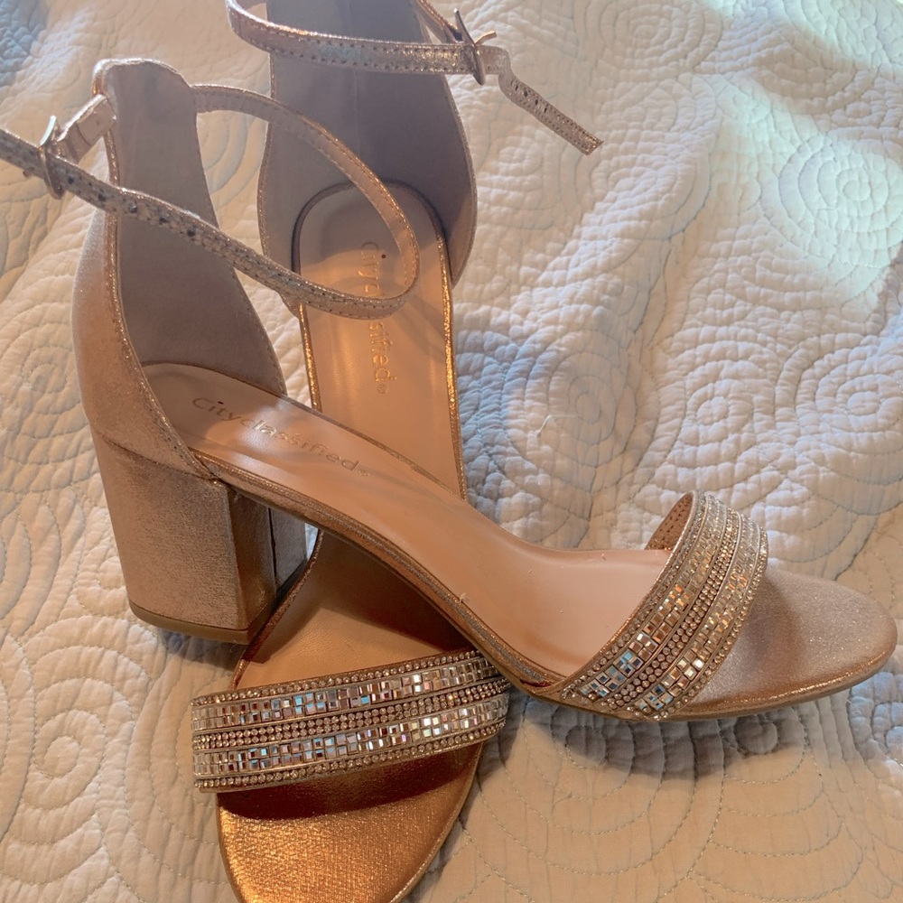 Rose gold and rhinestone stacked heels